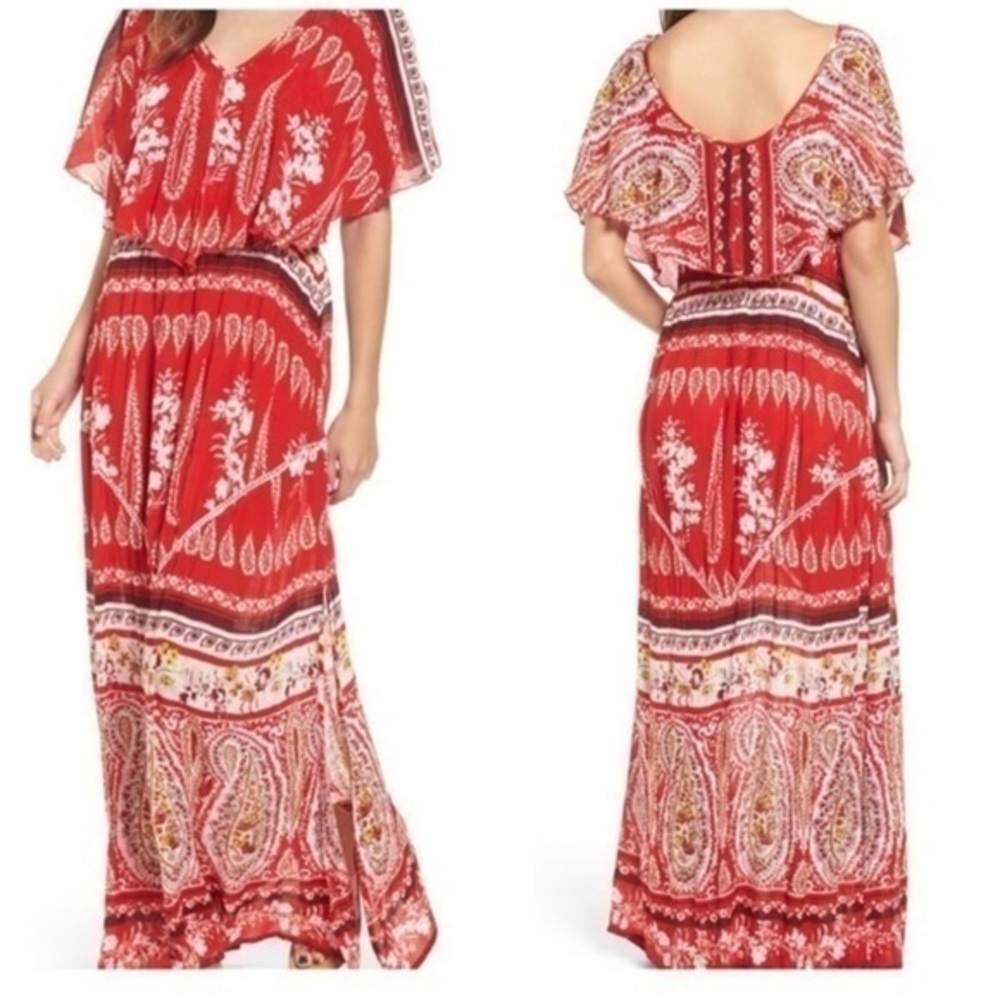 Raga Luisa Red Paisley Floral Print Ruffle Overlay Bodice Maxi Dress Size Medium